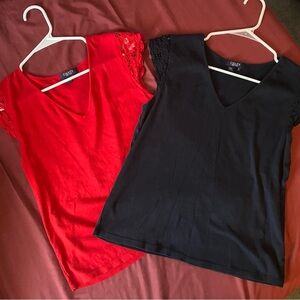Chaps V-Neck Tops with Lace Sleeves - Red and Black